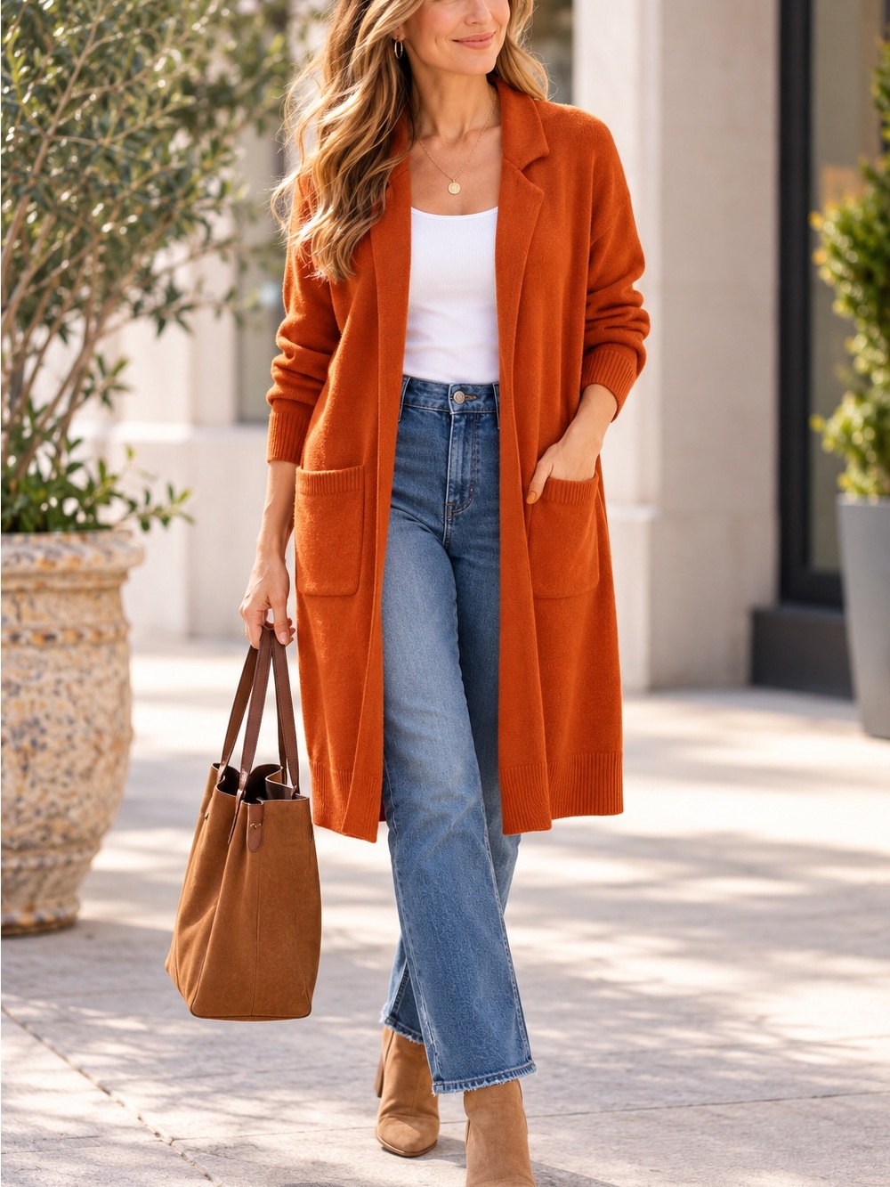 ModCloth Rust Orange Longline Collared Cardigan Sweater M Patch Pockets
